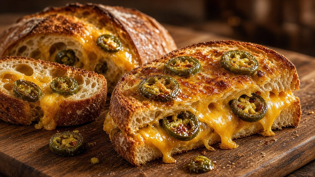 Cheddar sourdough sandwich and loaf with Outback Candy jalapeños