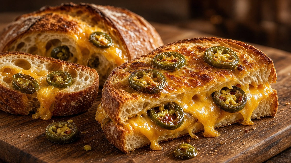 Cheddar sourdough sandwich and loaf with Outback Candy jalapeños