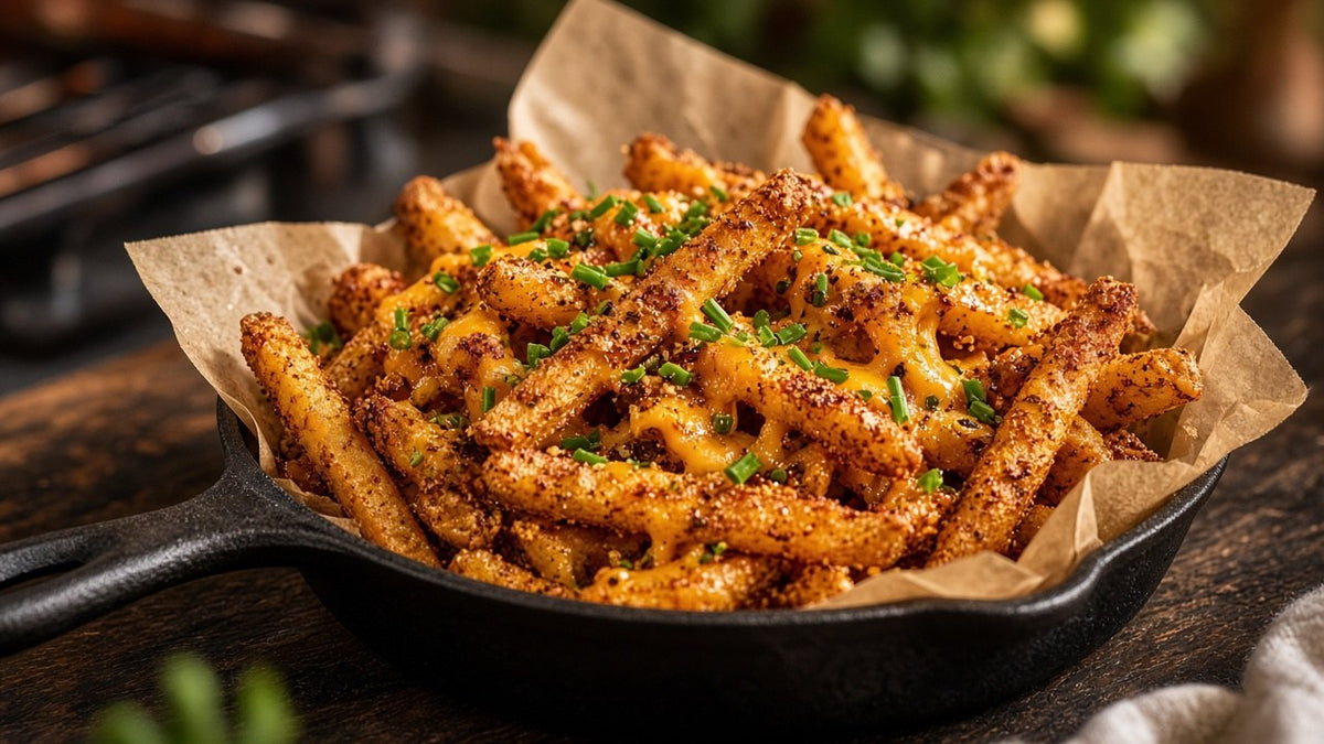 Loaded fries seasoned with Barbie Dust BBQ seasoning
