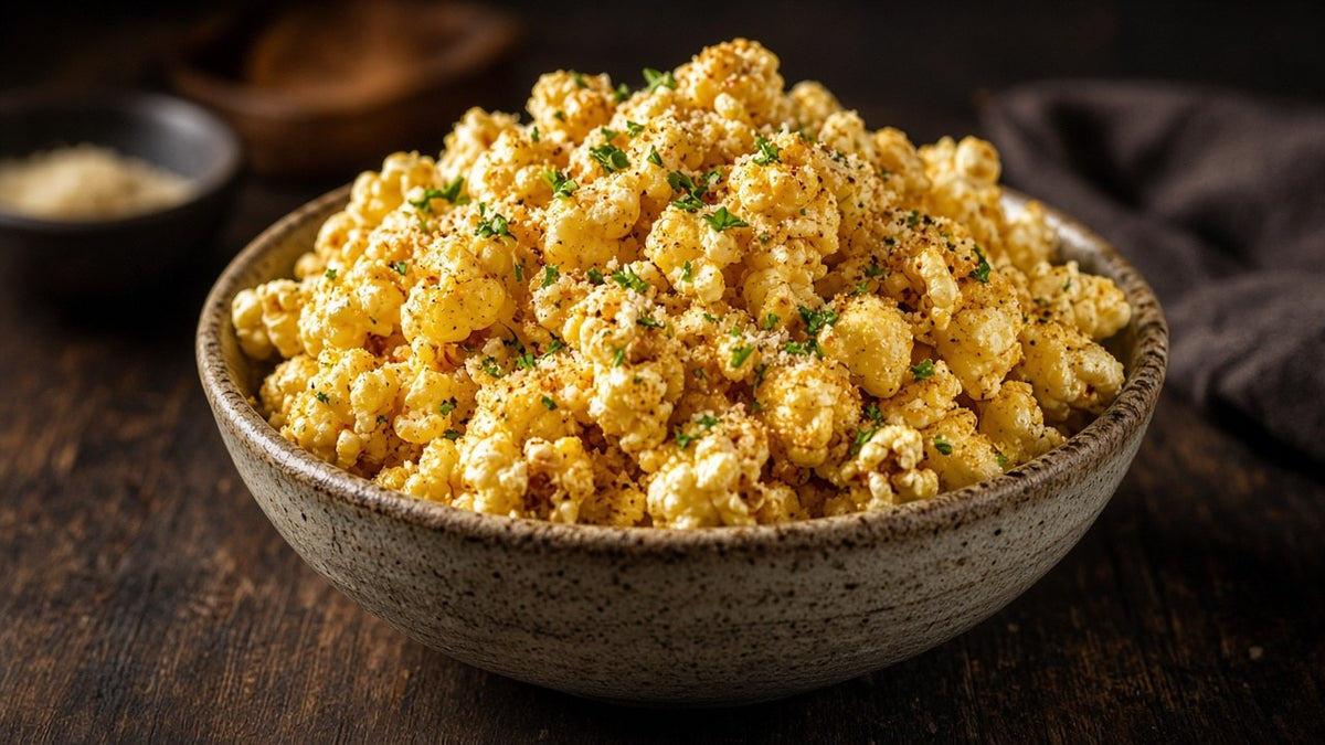 Bowl of garlic butter popcorn seasoned with White Gold rub