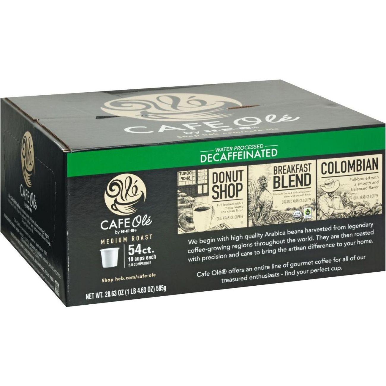HEB Cafe Ole Decaf Variety K-Cups 54 Count (Donut Shop / Breakfast Blend / Columbian)