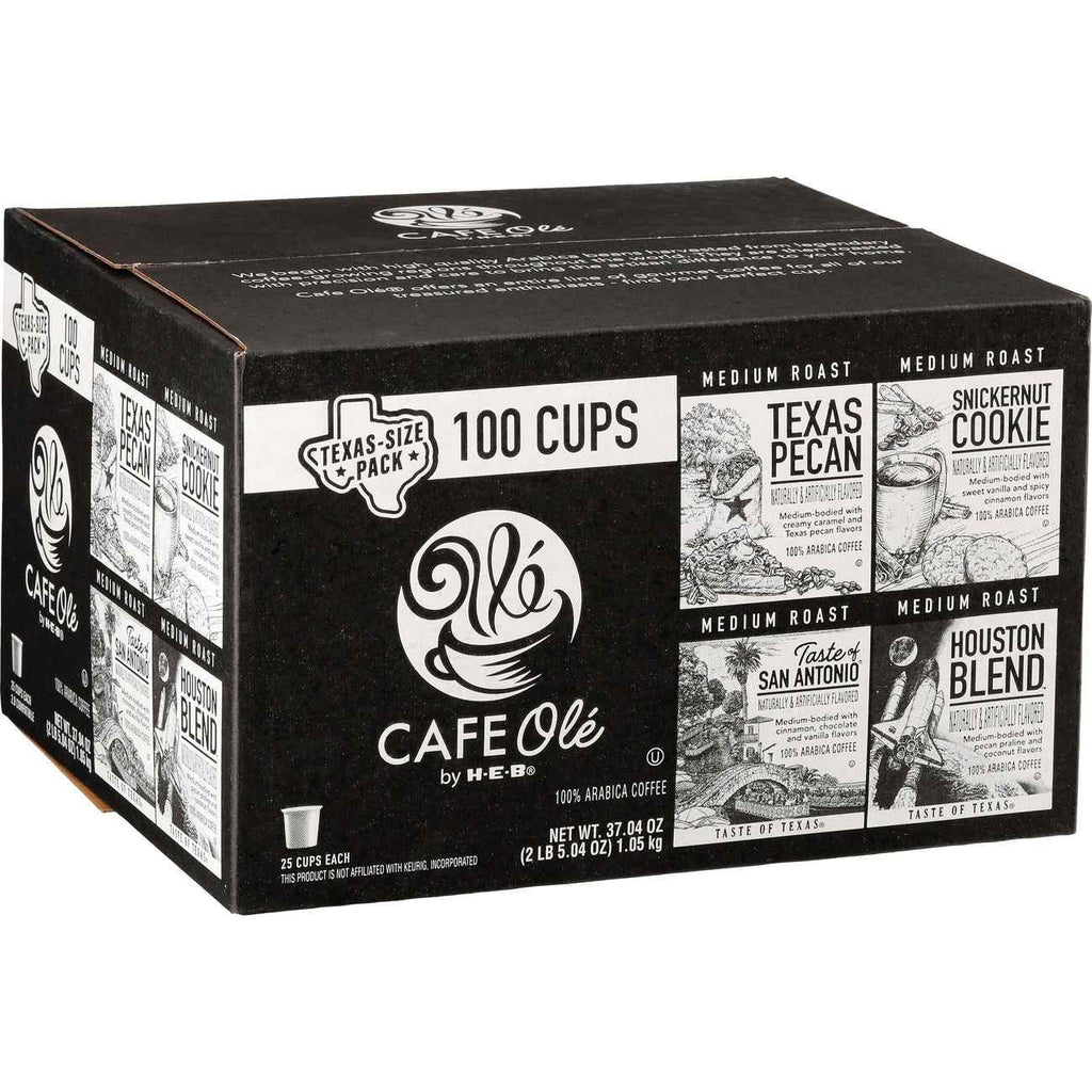 HEB Cafe Ole Variety Pack K-Cups 100 Count (Houston / Texas Pecan / San Antonio / Snickernut cookie)